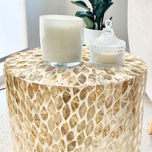 Floral Leaf Pattern Cylinder <b>Stools</b> Mother of Pearl Handcrafted Mosaic Small Side Table For Living Room <b>Bedroom</b> Decor Use - Product Image 3