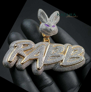 Colgante de conejo de dibujos animados con piedras de moissanita, plata 925, chapado en oro de 18 quilates, estilo hip-hop, ideal para regalo. - Product Image 2