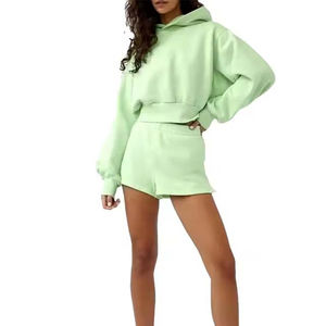 Conjunto Deportivo de Dos Piezas para Mujer con Logotipo Personalizado, Sudadera Corta y Pantalones Cortos, Alta Calidad, Sólido, Impermeable, Transpirable, 100% Algodón, Verano - Product Image 4