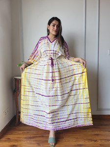 Robe longue à carreaux pour femme, col en V, tie-dye, décontractée, coupe ample, 100% coton, dentelle, été, automne, plage - Product Image 1