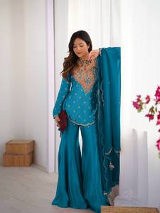 Conjunto de Kurta y Palazzo de Seda Bordada para Mujer con Dupatta |   Traje Étnico Premium para Fiestas - Product Image 1