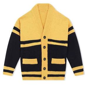 Striped Knitted <b>Cardigan</b> Sweater Full Sleeve Button Closure Autumn Wear Yellow <b>Navy</b> Blue Regular Fit - Product Image 1