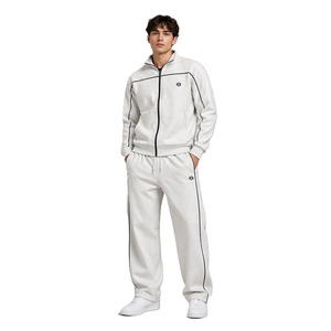 Custom Contrast Piping Men's Zip up Cotton Hoodies Sets Casual Streetwear Wide Leg Sweat Pants Relaxed Fit <b>Jacket</b> OEM - Product Image 1