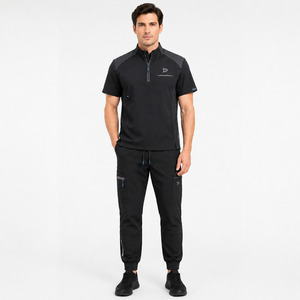 Men's Black Polyester <b>Scrub</b> <b>Set</b> With Zip Neck Top And Cargo Pants For Hospital Use - Product Image 4