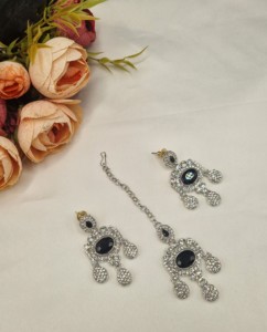 Designer Rhodium Plated Oval Cut CZ Stone <b>Necklace</b> <b>Set</b> With <b>Earrings</b> & Mangtika For Women Ethnic Fashion Jewellery <b>Set</b> Wholesale - Product Image 3