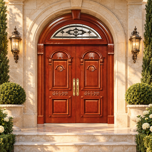 Porte d'entrée extérieure double en bois massif Cengal robuste GA-03F avec panneau supérieur en verre - Product Image 5
