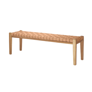 Modern Restaurant Chair Wood <b>Bench</b> with Tan Leather Strap <b>Seat</b>, Oblong Frame for 2 People - Product Image 1
