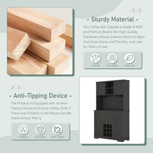 Gabinete de barra de cocina de granja negro con estantes para copas de vino Cajones de almacenamiento y estantes para uso de buffet de comedor - Product Image 6