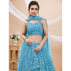 Espléndido Lehenga Choli de Georgette Bordado en Azul Cielo, Semi-Cosido, para Sangeet, de Zeel Clothing - Product Image 3