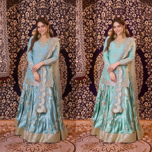 Conjunto de Vestido Salwar Kameez Azul Claro Bordado, Ropa Pakistaní con Cuentas Florales, Vestido Indio para Bodas y Fiestas - Product Image 4