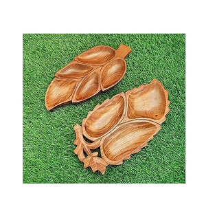 Plateau à fruits secs en bois avec poignées, plateau décoratif en bois en forme de feuille, 2 pièces, design rustique sculpté à la main, pour la décoration de la maison - Product Image 1