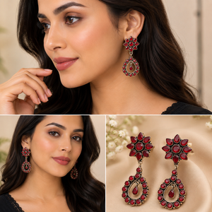 Pendientes Colgantes de Ónix Rojo con Diseño Floral y Cruz, Bañados en Plata y Oro, Estilo Étnico, para Mujer, Venta al por Mayor para Fiestas, Proveedor a Granel - Product Image 2