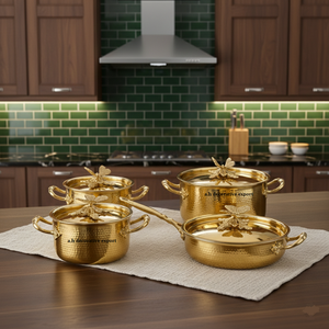 Ensemble de casseroles de luxe en acier inoxydable martelé doré, écologique, avec boutons de couvercle papillon, compatible gaz et induction, pour mariage et décoration intérieure - Product Image 1
