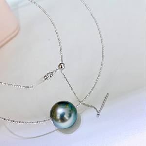 Collier pendentif en perle de Tahiti noire avec chaîne en argent S925, collier Aurora vert paon, collier de route - Product Image 2