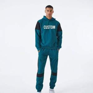 Ensemble de survêtement bleu clair personnalisé pour homme, sweat-shirt en coton avec blocs de couleur, taille élastique et poches latérales - Product Image 5