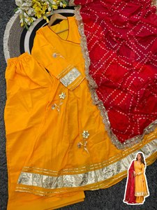 Ensemble Salwar Kameez en coton jaune longueur cheville avec dupatta rouge, tenue traditionnelle indienne et pakistanaise pour femme, vêtement décontracté - Product Image 6
