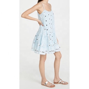 Darling Women's Chic Summer Pale Blue Midi Falda Correas ajustables Espejo bordado Lentejuelas Vestido Natural - Product Image 4