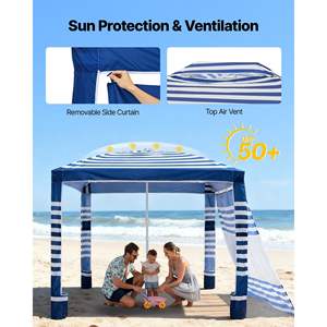 Navy Stripes 8x8ft Portable Sun Shelter UPF 50+ Beach Cabana <b>Tent</b> Adjustable Height Sand Pockets <b>Easy</b> Setup for Family Beach - Product Image 4