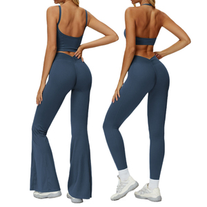 Ensemble de yoga 2 pièces uni brossé respirant pour femme, avec brassière dos nu, débardeur, leggings évasés et shorts, pour la gym, le fitness et l'entraînement, vêtements de sport 2026 - Product Image 2