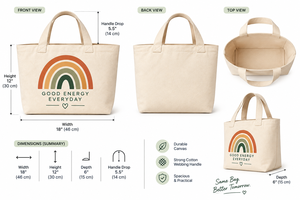 กระเป๋าผ้าแคนวาส Good Energy Everyday ขนาด 18x12x6 นิ้ว กระเป๋าช้อปปิ้งขนาดใหญ่พิมพ์ลายสายรุ้ง - Product Image 2
