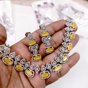 Luxury Imitation Yellow <b>Crystal</b> & Rhinestone Necklace & Earring Jewelry <b>Set</b> Silver-Tone Classic Bridal & Party Wear for Weddings - Product Image 1