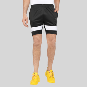 Black Solid Quick Dry Men's Gym Shorts Mid Waist Elastic Waist <b>Athletic</b> Training Shorts with Side Pocket Polyester/Cotton - Product Image 1