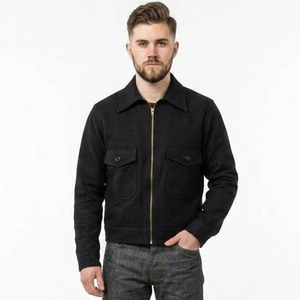 Chemise de travail en coton pour homme avec fermeture éclair et poches, col rabattu, couleur noire unie, style automne - Product Image 1