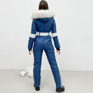 Custom Women Royal Blue One Piece Ski Suit With White Fur Trim Hood Gold Zipper <b>Snowsuit</b> Women Slim Fit Jumpsuit <b>Waterproof</b> - Product Image 2