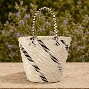 <b>Straw</b> Tote <b>Bag</b> with Black Diagonal Panels Bohemian Style Open Top Eco-Friendly Summer Beach Daily Travel Shopping Handbag - Product Image 1