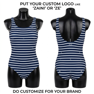 Premium 240 GSM Quick Dry 100% Polyester Navy <b>White</b> <b>2</b> <b>Piece</b> <b>Set</b> High Waist Plunge Neck Swim Suit Front Custom Private Label OEM - Product Image 1