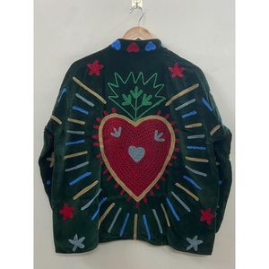 Hand Embroidered Velvet Cotton Jacket <b>Women</b> Mandarin Collar Full Sleeve Winter Bohemian Eye Pattern Open Front <b>Coat</b> - Product Image 3