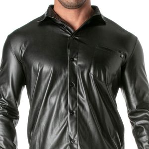 Camisa de manga larga estilo cuero negro para hombre, corte ajustado, estilo fetish, ropa de club, top de moda. - Product Image 4