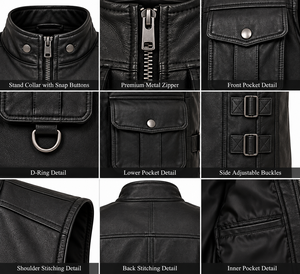 <b>Men's</b> <b>Black</b> Polyester Moto <b>Vest</b> Stand Collar Zipper Closure Multi Pockets Casual Outerwear Plus Size Regular Fit Solid Color - Product Image 6