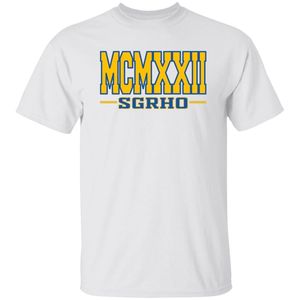 Camiseta Sigma Gamma Rho con estampado en serigrafía blanca, azul real y dorado, gráfico MCMXXII, manga corta, cuello redondo, informal, universitaria - Product Image 1