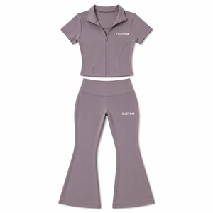 Wholesale OEM Custom Short Sleeve Zip Up Collared Top <b>Flared</b> <b>Leggings</b> Two Piece Women's Activewear Tracksuit <b>Gym</b> Yoga Suit Set - Product Image 2