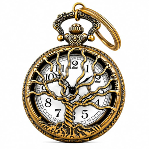Porte-clés montre de poche vintage en métal Arbre de Vie, pendentif horloge squelette rond orné avec chaîne pour cadeau - Product Image 1