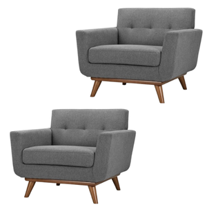 Fauteuil moderne en tissu gris avec pieds en bois, dossier capitonné, chaise de salon, design mid-century, mobilier de loisirs - Product Image 6