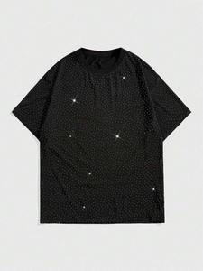 Camiseta Oversize Personalizada con Pedrería Completa para Hombre, 100% Algodón, Estilo Urbano, Cuello Redondo, Manga Corta, con Cristales Brillantes, OEM ODM - Product Image 5