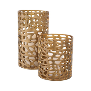 Modern Style Gold Hollow Metal <b>Candle</b> Holders <b>Set</b> Of 2 Geometric Cutout Design Centerpiece For Home Decor Weddings & Events - Product Image 1