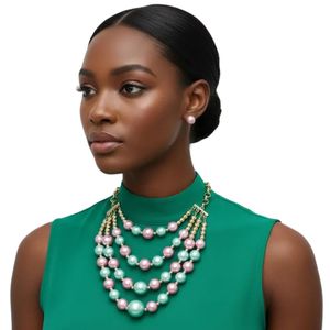 Collier à plusieurs rangs avec perles roses, vertes et dorées, collier élégant pour femmes, bijoux de mode, collier multi-rangs, à porter pour les fêtes, cadeau - Product Image 1