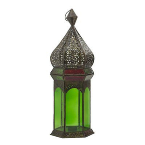 High quality Metal Lantern With Green Glass <b>Panels</b> And Intricate Cutout Design For Home Decoration weddings lantern - Product Image 1