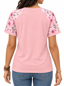 T-shirt à manches courtes pour femmes grandes tailles, col rond, motif floral, ourlet incurvé, haut décontracté - Product Image 3