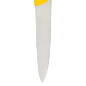 Couteaux de cuisine à lame dentelée jaune avec poignée argentée et protège-doigts incurvé pour trancher le pain et préparer les aliments - Product Image 6
