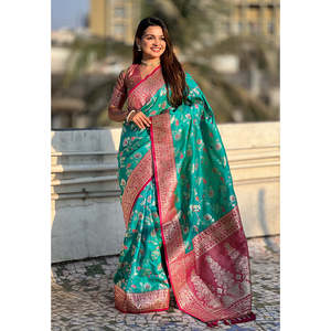 Saree de Seda Suave Tejida con Zari, Diseño Jaal en Contraste, Color Azul Cielo, Marca Elite Weaves - Product Image 1