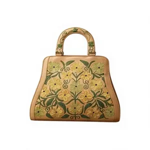 Kashmiri Crewel Embroidery <b>Top</b> Handle Bag – Tan Leather with Yellow & Green Floral Design - Product Image 6