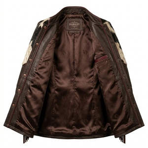 Manteau long en cuir pour femme, style western, col montant, marron foncé bordeaux, en cuir de vachette à poils, avec franges et pompons - Product Image 5
