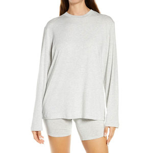T-shirt gris à manches longues et col rond pour femme, 100 % coton, coupe ample, décontracté, jersey uni, tricoté, respirant, toutes saisons - Product Image 1