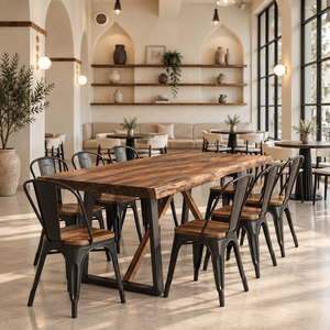 Ensemble de table à manger en bois industriel avec chaises en métal, style farmhouse moderne, 10 pièces, meubles pour salle à manger à domicile - Product Image 1