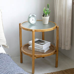 Mesa Auxiliar de Almacenamiento redonda Bohemia hecha a mano de madera de ratán de vidrio para muebles de sala de estar - Product Image 1
