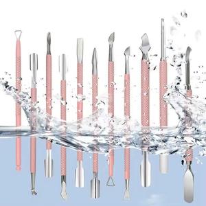 Dual Head Stainless Steel Nail Cuticle Pusher <b>Set</b> Reusable Manicure <b>Tool</b> <b>Pink</b> Handle 10Pcs - Product Image 6